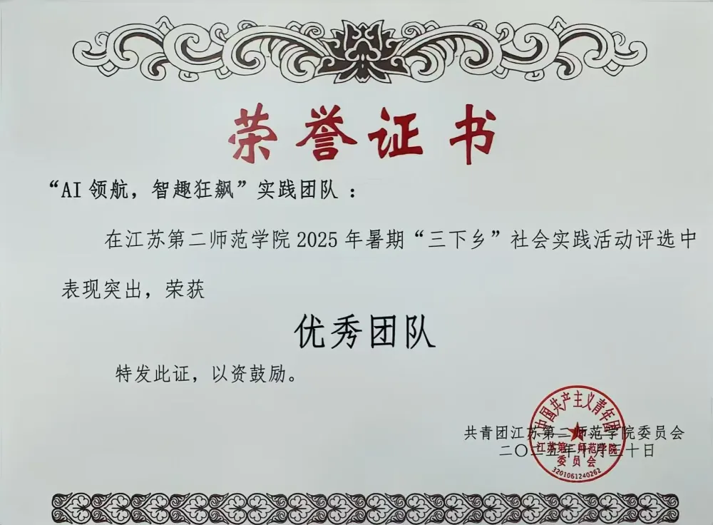 2025 年暑期「三下乡」社会实践优秀团队荣誉证书